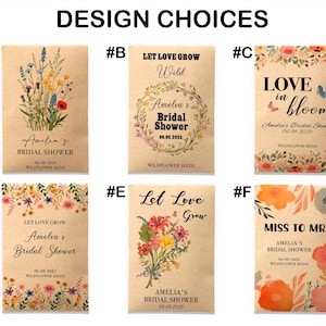 Op de afbeelding: Tien verschillende ontwerpen voor bruidsdouche-favoriet zaadzakjes. Elk zakje heeft een bloemenontwerp en de tekst "Amelia's Bridal Shower" met een datum. De ontwerpen omvatten "Let Love Grow Wild", "Love in Bloom" en "Miss to Mrs".