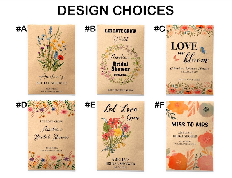Op de afbeelding: Tien verschillende ontwerpen voor bruidsdouche-favoriet zaadzakjes. Elk zakje heeft een bloemenontwerp en de tekst "Amelia's Bridal Shower" met een datum. De ontwerpen omvatten "Let Love Grow Wild", "Love in Bloom" en "Miss to Mrs".