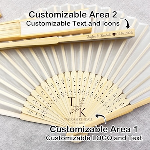 May include: A personalized folding fan with a bamboo frame and white fabric. The fan features customizable text and a logo area, with the text "Taylor & Kendall 02.16.2026" visible. The fan is designed for weddings or special events.