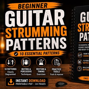 May include: A spiral-bound instructional book titled Beginner Guitar Strumming Patterns, featuring a wooden acoustic guitar on the cover. The text highlights 10 essential rhythm patterns, muting techniques, and practice tools for a printable PDF.