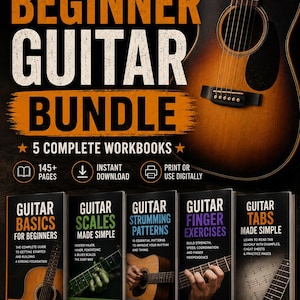 May include: An Ultimate Beginner Guitar Bundle featuring five workbooks titled Guitar Basics, Guitar Scales, Guitar Strumming Patterns, Guitar Finger Exercises, and Guitar Tabs Made Simple, displayed with an acoustic guitar and digital download icons.