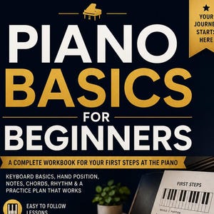 Op de afbeelding: Een digitaal werkboek getiteld Piano Basics for Beginners met een donkerblauwe achtergrond en gouden tekst. Het bevat een pianotoetsenbord, een muzieklespagina en iconen voor lessen en oefenplanners. Het bevat in totaal 39 pagina's.
