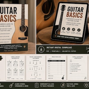 Puede incluir: Una guía para principiantes Guitar Basics y una pantalla de tableta con una ilustración de guitarra, diagramas de acordes, patrones de rasgueo, un registro de práctica, una lista de canciones y un rastreador mensual para aprender guitarra.