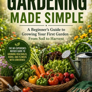 May include: A book cover titled GARDENING MADE SIMPLE: A Beginner's Guide to Growing Your First Garden — From Soil to Harvest. The cover features a basket of fresh vegetables, a metal watering can, a trowel, and gardening gloves on a wooden surface.