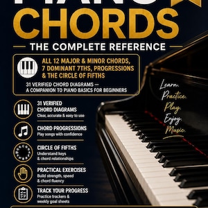 Op de afbeelding: Een digitale pianoakkoorden-referentiegids met een zwart-witte pianotoetsenbord-achtergrond. De tekst luidt PIANO CHORDS THE COMPLETE REFERENCE, met 12 majeur- en mineurakkoorden, 31 akkoorddiagrammen, progressies en de kwintencirkel.