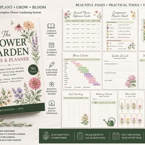 Op de afbeelding: Een bloementuin gids en planner getiteld The Flower Garden Guide & Planner, First Edition 2026, voorzien van botanische illustraties. De set bevat diverse printbare pagina's zoals een bloeikalender, tuindagboek en een inventaris voor zaden.