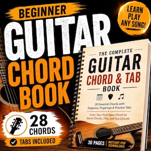 Può includere: Un libro di accordi e tablature per chitarra con rilegatura a spirale contenente 28 accordi essenziali con diagrammi, diteggiature e tablature. La copertina riporta il testo "The Complete Guitar Chord & Tab Book" e "30 Pages Instant PDF Download".