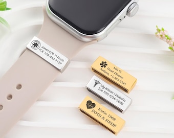 Etiqueta personalizada para correa de reloj de alerta médica, acero inoxidable con información de emergencia grabada.