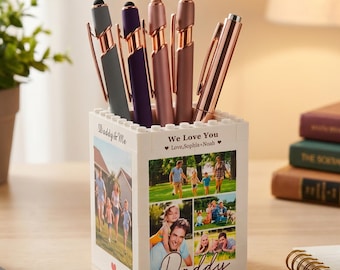 Kundenspezifischer Baustein-Foto-Stifthalter, personalisierter Schreibtisch-Organizer, Vatertagsgeschenk
