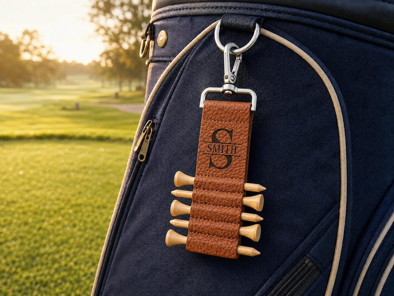 May include: A brown textured leather golf tee holder with a silver metal clip. The leather strap is engraved with a large letter S and the name SMITH. It holds six light-colored wooden golf tees in individual slots, attached to a dark blue golf bag.