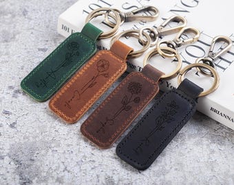 Porte-clés en cuir personnalisé, motif floral gravé, cadeau d'anniversaire