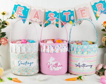 Personalized Easter Basket, Lace Trimmed Floral Tote, Kids Easter Hunt Gift