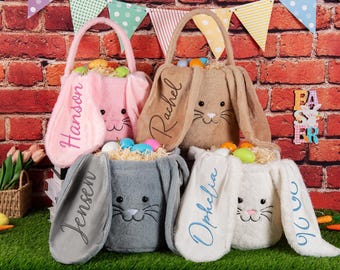 Canasta de Pascua bordada de peluche personalizada, bolsa de Pascua personalizada, regalos de Pascua para niñas y niños, cubo de conejito de peluche de piel con orejas largas y flexibles