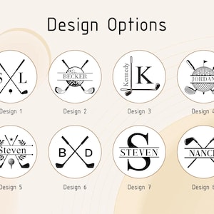 May include: A graphic display titled Design Options featuring eight circular black and white logos. Each logo incorporates golf clubs, golf balls, and personalized text including names like Becker, Kennedy, Jordan, Steven, and Nance, or initials.