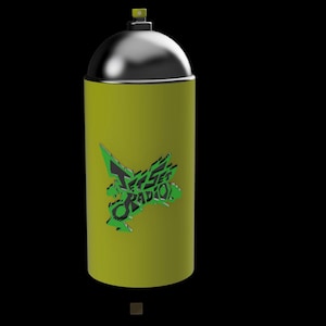 May include: A yellow spray paint can with a green and black logo that says "Free Radio".
