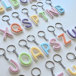 Può includere: Una collezione di portachiavi a forma di lettera in tonalità pastello con base bianca, ciascuno fissato a un anello in metallo argentato tramite una catenella. Le lettere sono disposte a griglia e presentano vari colori, tra cui rosa, giallo, blu, verde e arancione.