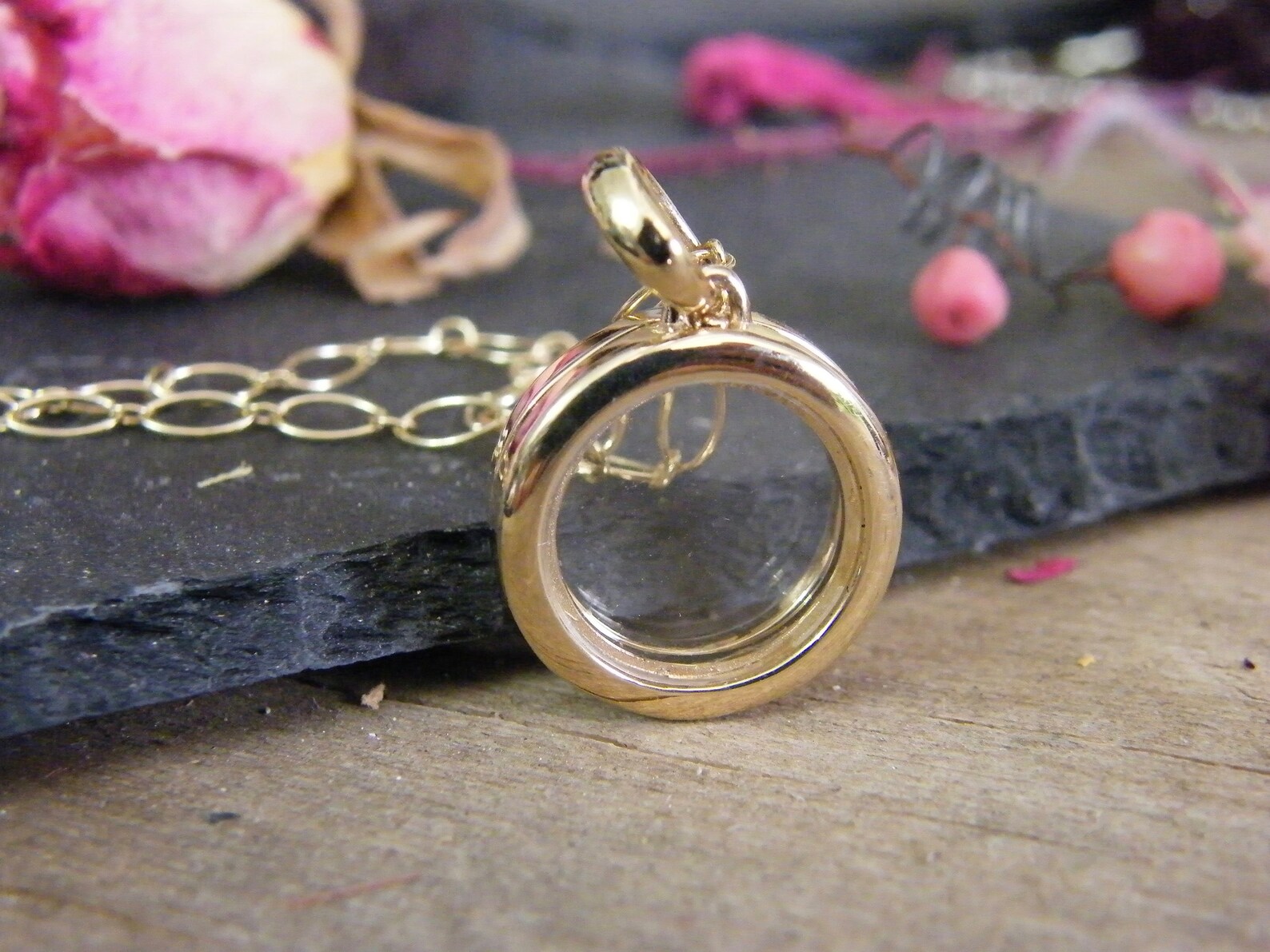 14k gold floating locket round solid 14k gold glass locket Etsy