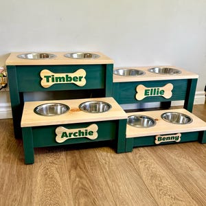 Green Personalized Elevated Dog Feeding Station, Raised dog bowl, Personalized dog bowl, Farmhouse dog feeder, Dog bowls, Dog bowl Stand