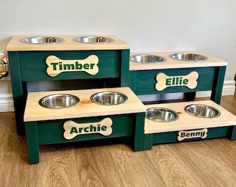 Green Personalized Elevated Dog Feeding Station, Raised dog bowl, Personalized dog bowl, Farmhouse dog feeder, Dog bowls, Dog bowl Stand