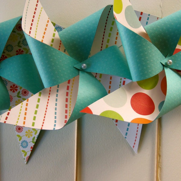 CLEARANCE SALE Aqua Teal Fun and Bright 8 Piece Pinwheel Set Ready-Made by Rule42