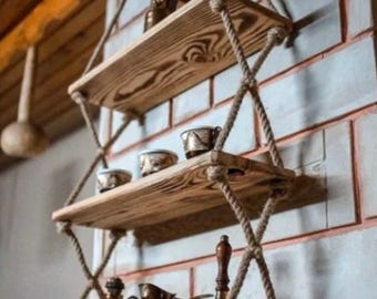 Hanging 3 Tier Rope Wall Window Planter, Wood Shelves, Floating Shelves