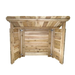 May include: A wooden outdoor storage shed with a sloped roof. The shed is constructed from light-colored wood planks and features two hinged doors. The design is rustic and suitable for garden or patio use.