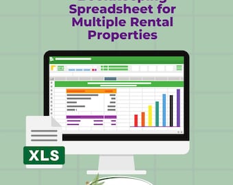 Op de afbeelding: Een computerscherm dat een spreadsheet toont met de titel "Bookkeeping Spreadsheet for Multiple Rental Properties". De spreadsheet is in Excel-formaat en toont een staafdiagram met staven in verschillende kleuren. De tekst "XLS" staat op een wit documentpictogram. De tekst "RRC Management and Bookkeeping" staat op een groene ovaal met een varendesign.