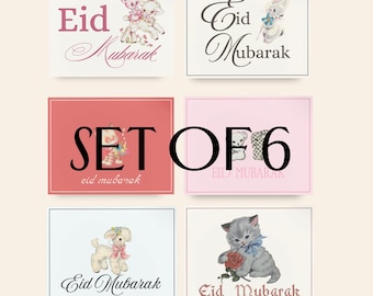 Juego de 6 postales de Eid Mubarak / Tarjetas de felicitación vintage con animales y sobres