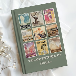 Personalized Travel Journal Gift, Vintage Stamp Custom Travel Diary, Adventure Notebook for Women, Travel Memory Book, World Travel Journal
