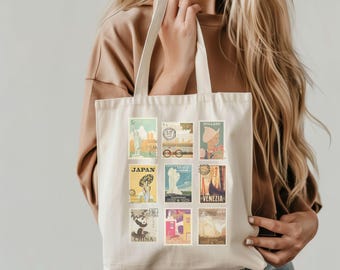 Vintage Travel Stamp Tote Bag: World Traveler Gift
