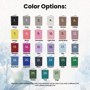 May include: Image displaying a range of colour options for a product, each shown with a small book icon. The colours vary from black to emerald, including grey, pink, and blue. Text at the bottom explains font colour choices.