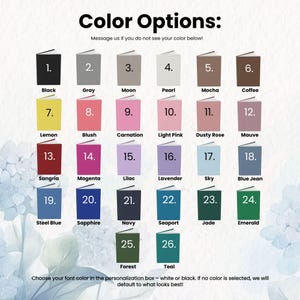 May include: A color chart featuring 26 different color options for a product. Each color is represented by a small book with a corresponding name, ranging from Black to Teal. The text "Color Options" is at the top, with instructions below.