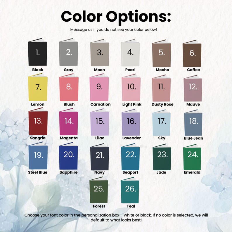 May include: A color chart featuring 26 different color options for a product. Each color is represented by a small book with a corresponding name, ranging from Black to Teal. The text "Color Options" is at the top, with instructions below.