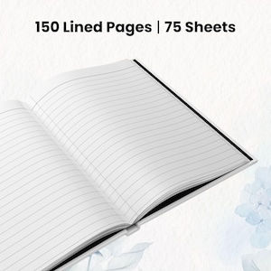May include: Open notebook with lined pages. The text "150 Lined Pages | 75 Sheets" is displayed at the top. The pages are white with gray lines. The notebook has a black spine and a white cover.