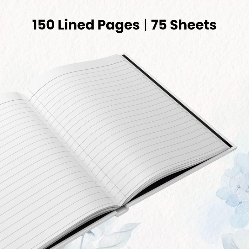 May include: Open notebook with lined pages. The text "150 Lined Pages | 75 Sheets" is displayed at the top. The pages are white with gray lines. The notebook has a black spine and a white cover.