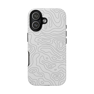 May include: A white phone case featuring a black topographic map design. The case has a dual-lens camera cutout and black side buttons. The map lines create a pattern across the surface.