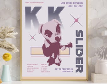 Plakat KKSlider, grafika fanowska AnimalCrossing, ilustracja psa grającego muzykę, prezent dla miłośnika muzyki