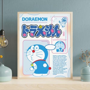May include: A framed poster featuring the character Doraemon. The poster has a light wood frame and a blue and white color scheme. The Doraemon character is in the center, with Japanese text and English text above and to the side.