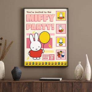 Póster de fiesta de Miffy con impresión digital, arte de habitación de conejito Y2K, decoración de cumpleaños divertida, regalo para amantes de Miffy, descarga de impresión de habitación de Miffy