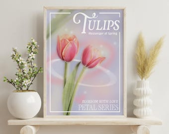 Rosa tulpanposter, blommigt botaniskt tryck i vintagestil