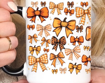 Cute Halloween Orange Bows Ceramic Mug Festive Halloween Coffee Cup Spooky Fall Aesthetic Halloween Gift for Her Fall Decor Pumpkin Spice
