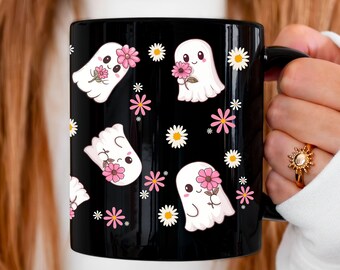 Cute Ghosts Ceramic Mug Festive Halloween Coffee Cup Pink Flowers Spooky Fall Aesthetic Halloween Gift for Her Retro Fall Decor Ghost Mug