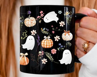 Cute Ghosts Ceramic Mug, Cottagecore Floral Halloween Coffee Cup, Spooky Fall Aesthetic, Halloween Gift for Her, Cozy Fall Decor Ghost Mug