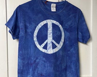 Peace Sign Shirt, Peace Shirt, Batik Peace Sign Shirt, Mens Peace Sign Shirt, Womens Peace Sign Shirt, Blue Peace Sign T-Shirt (S)