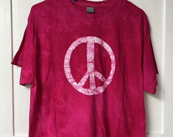 Peace Sign Shirt, Peace Shirt, Batik Peace Sign Shirt, Mens Peace Sign Shirt, Womens Peace Sign Shirt, Fuchsia Pink Peace T-Shirt (L)