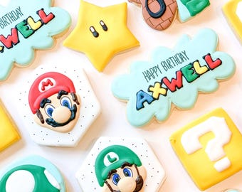 Super Mario Decorated Sugar Cookie Set - Mario Luigi Bros. Birthday Party Favor