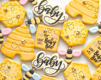 What Will Baby Bee Decorated Sugar Cookie Set - Baby Shower Gender Reveal Dessert Gift Party Favor