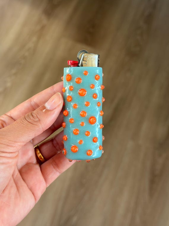 Bubble Bic Lighter Case - Handmade Polymer Clay & Resin Lighter Cover - Blue/Orange