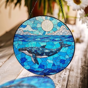 ocean whale stained glass suncatcher round blue sea decor gift for nature lover