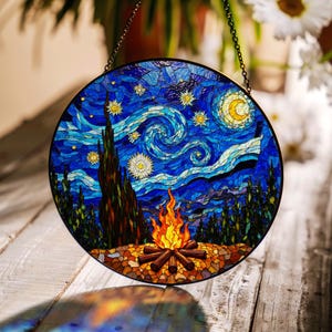 starry night campfire forest scene stained glass suncatcher gift for outdoor lovers